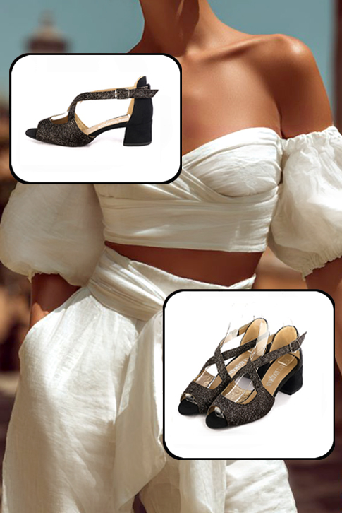 Dress sandals closed back crossed straps in gloss black and matt black with low flare heels and round toe - Top view